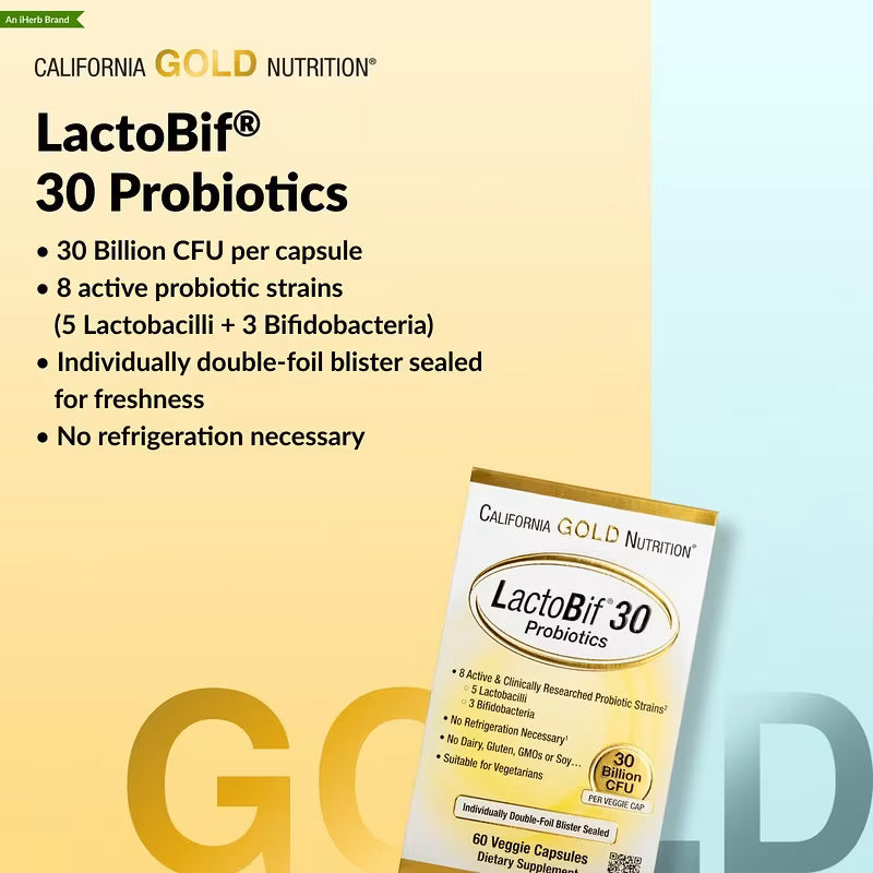 California Gold Nutrition, LactoBif® 30 Probiotics, 30 Billion CFU, 60 Veggie Capsules
