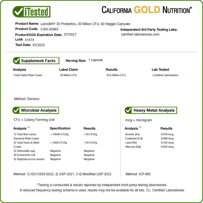 California Gold Nutrition, LactoBif® 30 Probiotics, 30 Billion CFU, 60 Veggie Capsules
