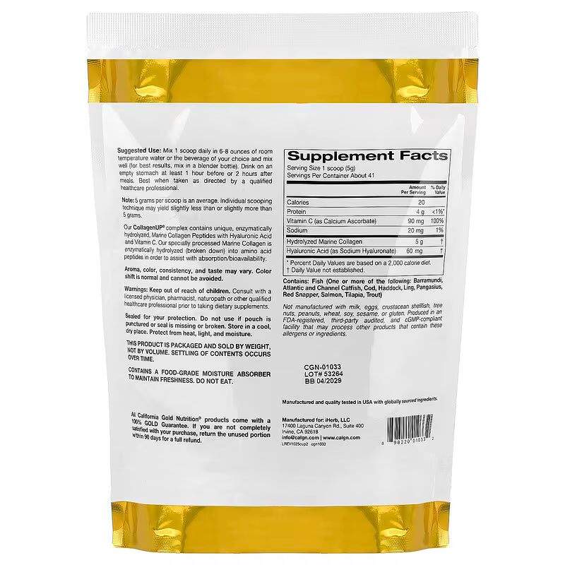 California Gold Nutrition, CollagenUP®, Hydrolyzed Marine Collagen Peptides with Hyaluronic Acid and Vitamin C, Unflavored, 7.26 oz (206 g)