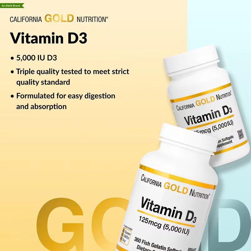 California Gold Nutrition, Vitamin D3, 125 mcg (5,000 IU), 90 Fish Gelatin Softgels