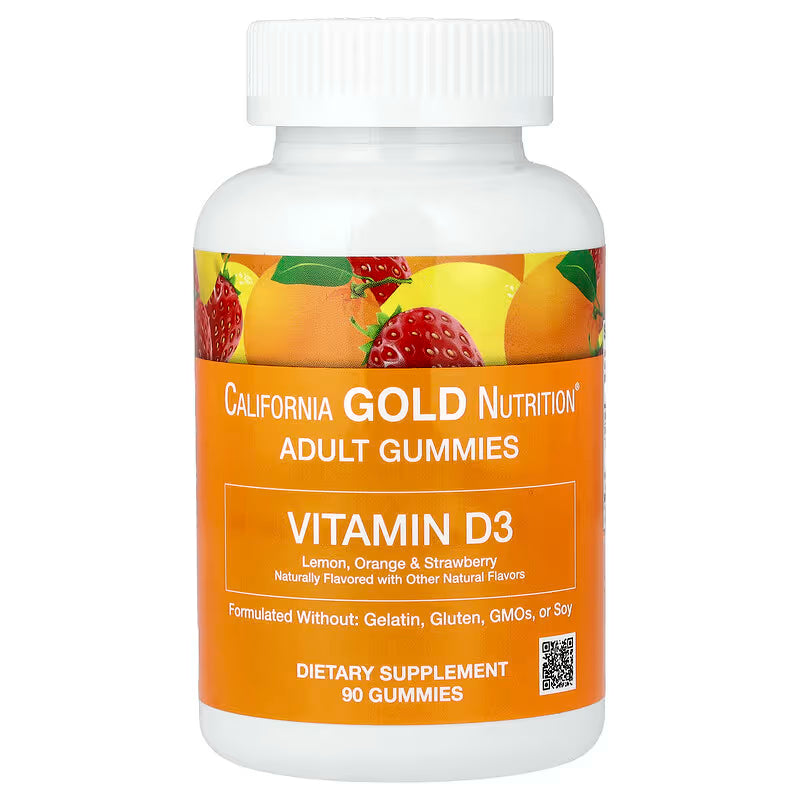 California Gold Nutrition, Vitamin D3 Gummies, Lemon, Orange, & Strawberry, 90 Gummies (25 mcg (1,000 IU per Gummy))